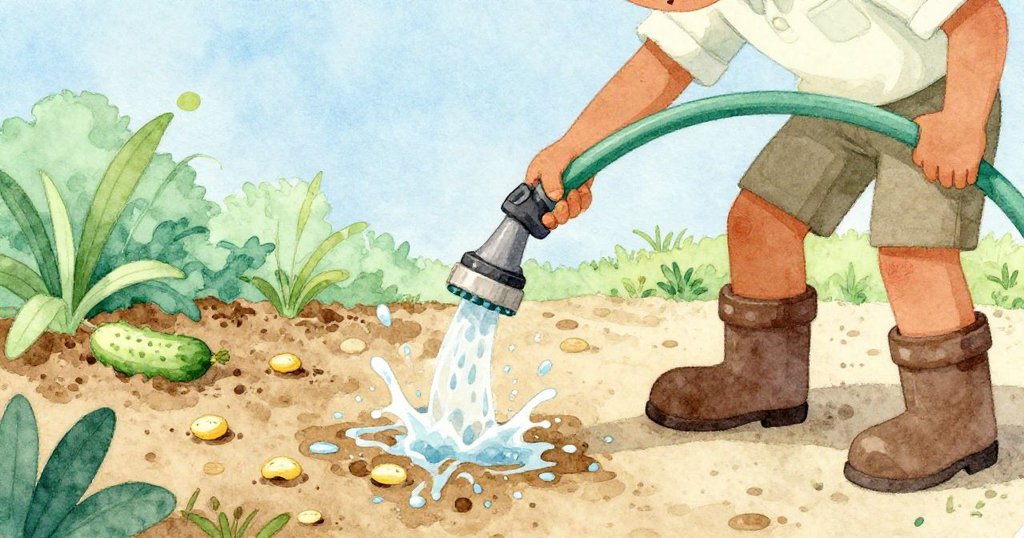 Reed伸手調整卡住的水龍頭,水花四濺與泥水混合,黃瓜種子漂浮,動感展現園中意外的瞬間。