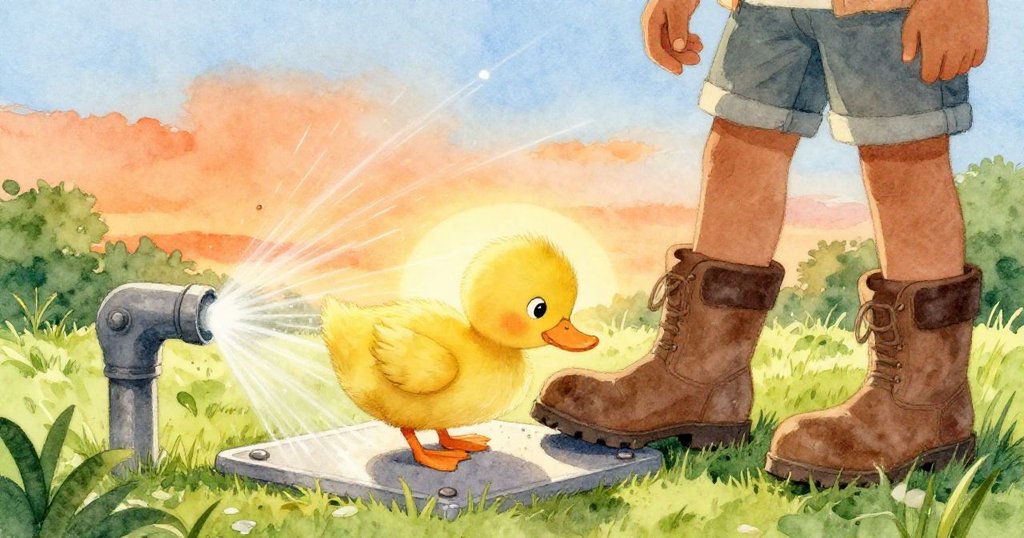 小鴨啄打Reed的靴子,觸發噴水器噴出水花,Reed臉上驚訝神情定格瞬間,場面生動。