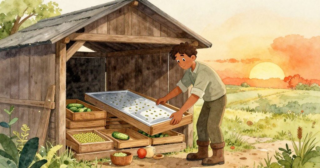 Reed在溫馨的藏物間內整理木盤,窗外水面上種子緩舞,夕陽餘暉灑落結束忙碌一天的情境。