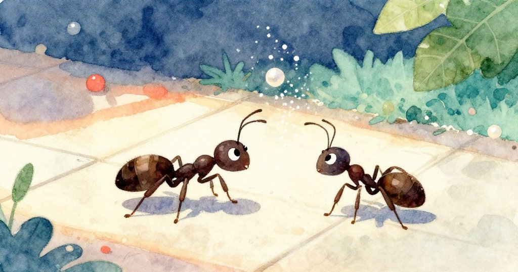 Anthony the Ant踏上發光的磁磚地板旅程，暖陽映照下的糖塵閃爍，充滿決心與希望開始冒險。