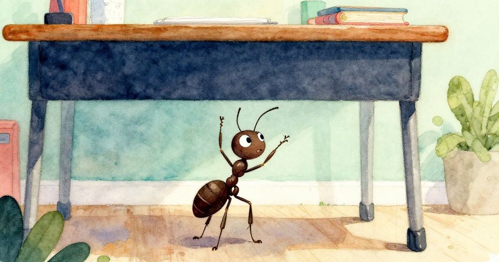 Anthony the Ant勇敢攀爬高桌腿，面對阻礙展現堅毅神情，溫暖室內光線襯托出挑戰象徵的情景。