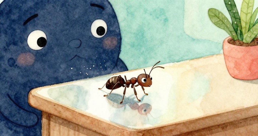 Anthony the Ant在平滑鏡面上掙扎求生，面部流露出一絲緊張，細小灰塵呈現希望的微妙觸感。