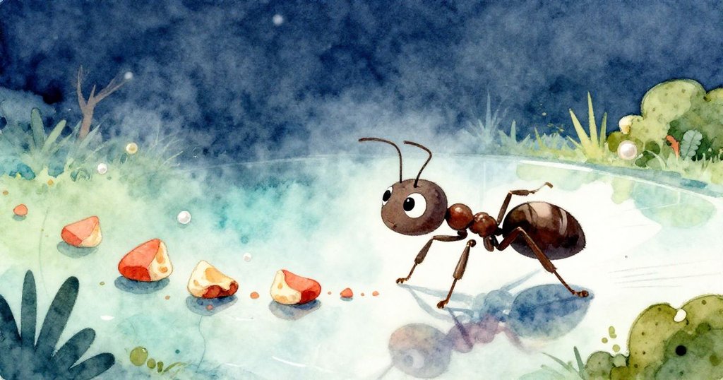 Anthony the Ant興奮地在鏡上疾馳，觸角顫動追逐新糖屑，動態感十足展現熱情與活力。