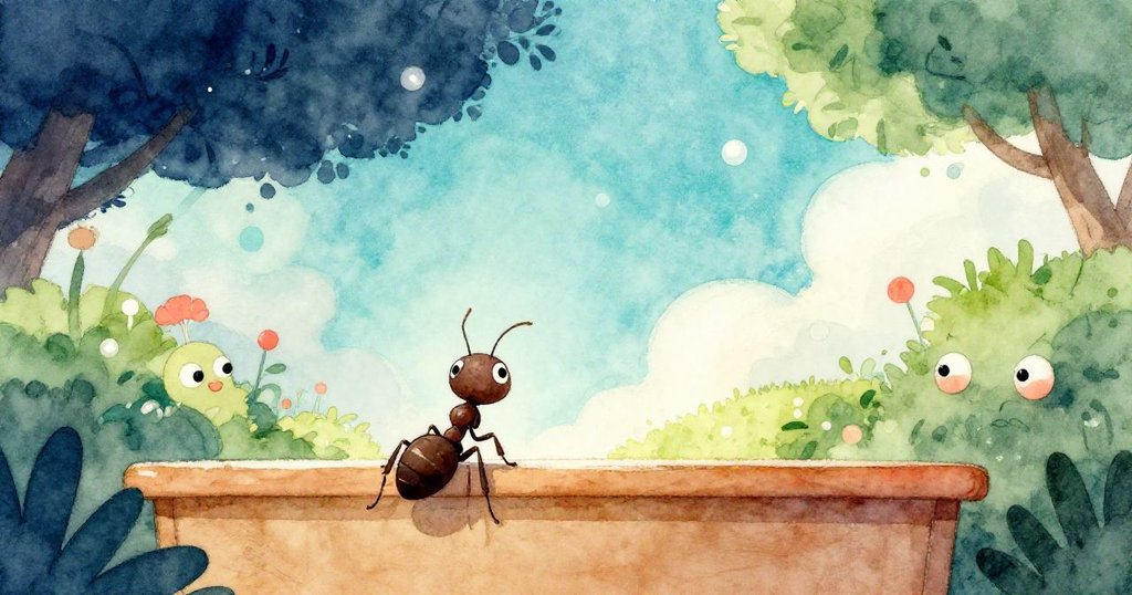 Anthony the Ant站在穩固桌上瞭望遠方，眼神充滿希望，面對開闊前景象徵新冒險旅程。