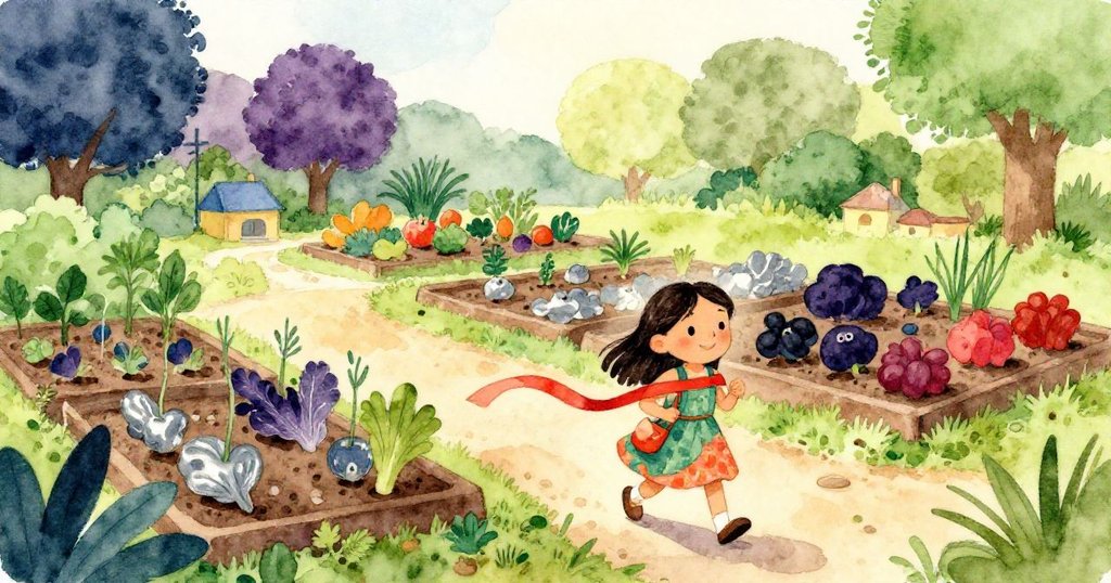 在溫暖下午陽光下，瑪雅手持鮮艷絲帶穿越開滿蔬菜的社區花園，小臉上滿是期待與喜悅。