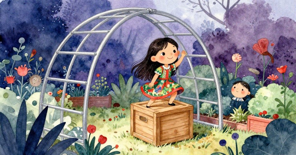 瑪雅爬上搖晃的木箱，努力伸手碰觸發亮的金屬拱門，臉上寫滿專注與一絲緊張。