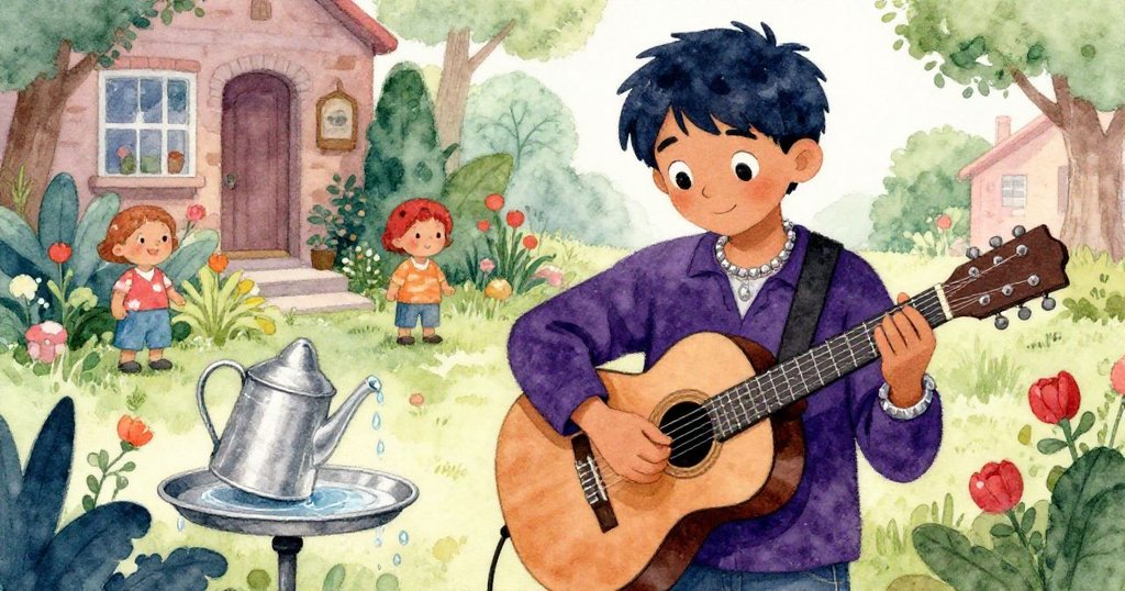 街頭音樂家聽到水滴敲擊聲，微笑揮動手指輕撥吉他，將意外變成溫柔旋律，洋溢著驚喜。