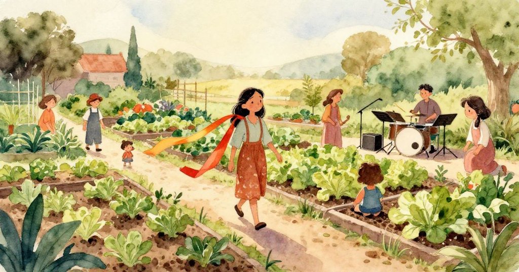 孩子們在花園中隨水滴節奏開心拍手跳舞，與音樂家和意外旋律共譜歡樂午後。