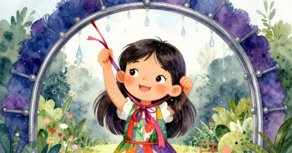 瑪雅笑容滿面重新綁好溼漉絲帶於金屬拱門下，水滴繼續輕彈奏旋律，溫馨落幕這奇妙午後。