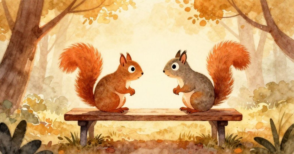 Nutty the Squirrel在溫暖公園長椅上緊握松果,晨光映照下輪廓分明,展現決心與寧靜氛圍。