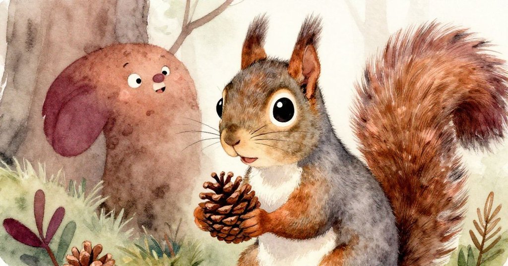 Nutty the Squirrel特寫臉部表情,目光堅定凝視著沉重松果,溫暖色彩突顯決心與努力精神。