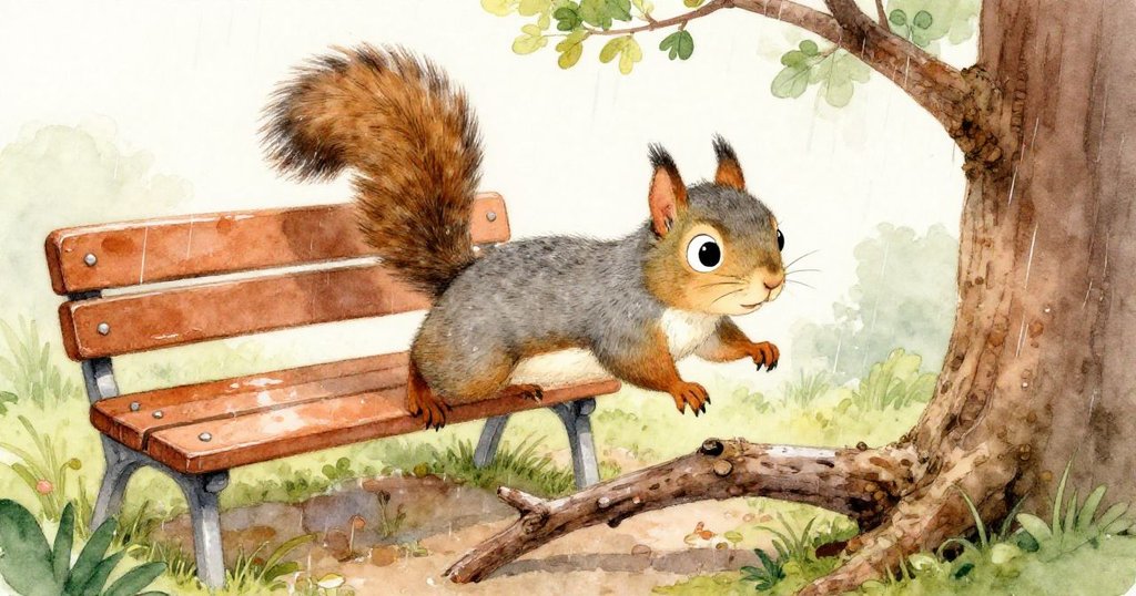 Nutty the Squirrel從高角度展示跳躍挑戰,濕潤長椅與低垂枝條勾勒出他的努力與脆弱。