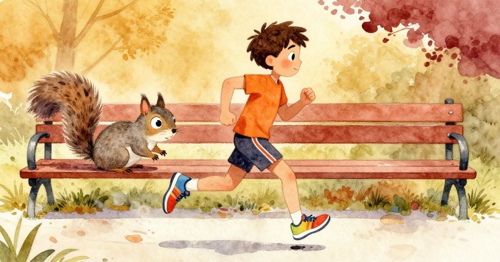 Nutty the Squirrel與Runner Ray動感互動,跑者鮮豔運動鞋奔跑經過,松鼠調整握力,呈現自然與現代交融景象。