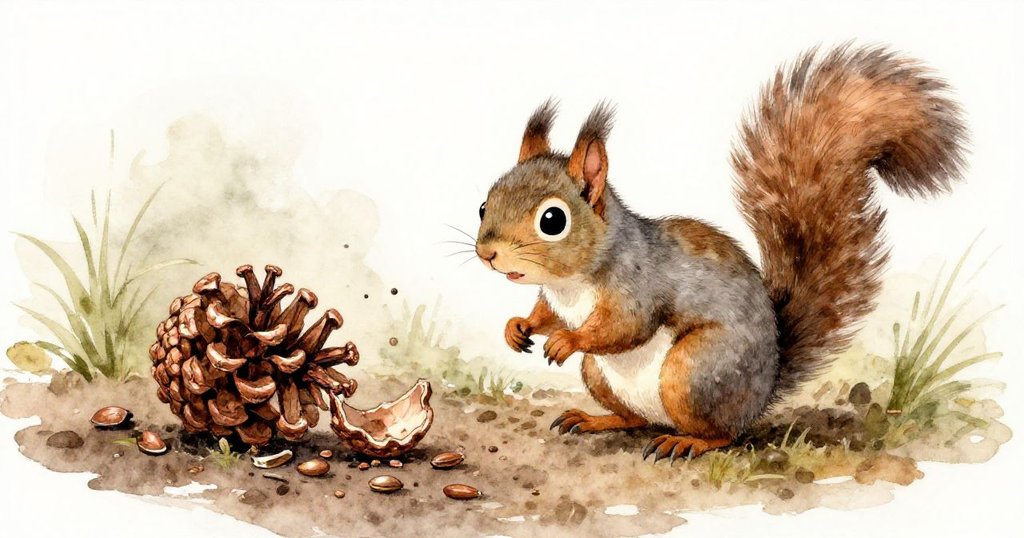 Nutty the Squirrel驚喜發現松果破裂灑出種子,濕潤地面映襯出自然驚奇與易得豐收景象。