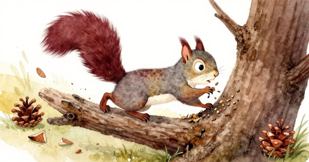 Nutty the Squirrel躍上橡樹樹幹,臉頰滿載種子,下方整齊破碎松果象徵大自然意外與堅韌最終篇。