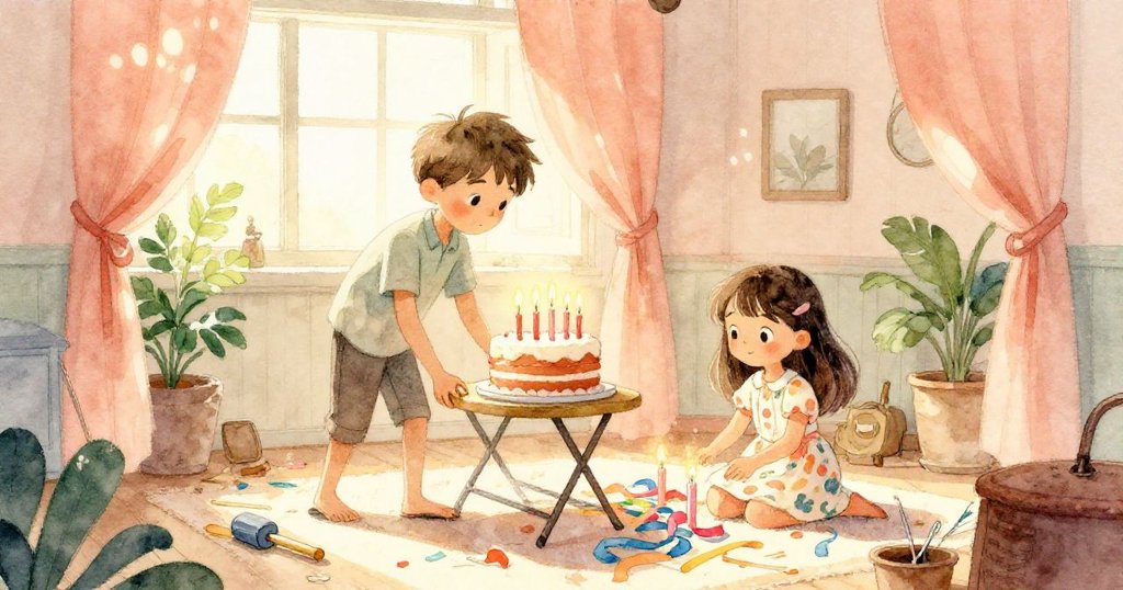 Mason與Lila在溫暖房間中忙碌準備蛋糕與蠟燭,透過舊窗簾灑進柔和街燈光,充滿期待與溫馨。