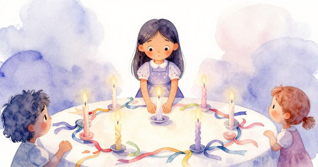 Lila在室內桌邊仔細擺放蠟燭,足邊散落彩帶,臉上充滿專注,營造出溫柔期待的氛圍。