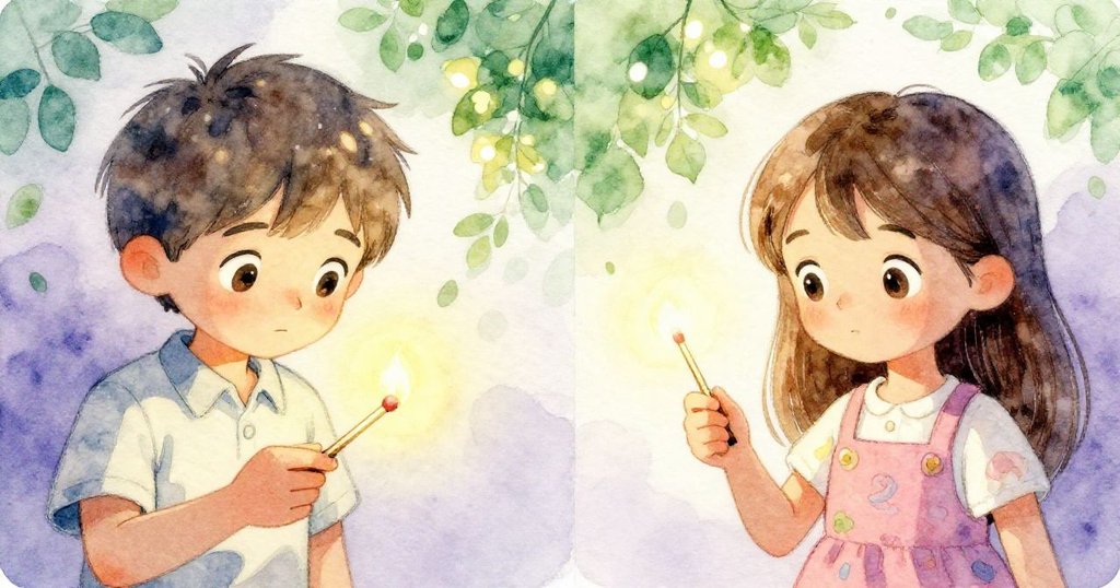 Mason小心握著火柴準備點燃蠟燭,Lila嘗試點火卻火柴散碎,畫面細膩呈現專注與挑戰情緒。