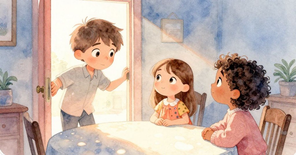 Kira踏入屋內驚喜微笑,Mason與Lila注視場景,空間藉街燈光線顯現柔和陰影,充滿期待與溫馨。