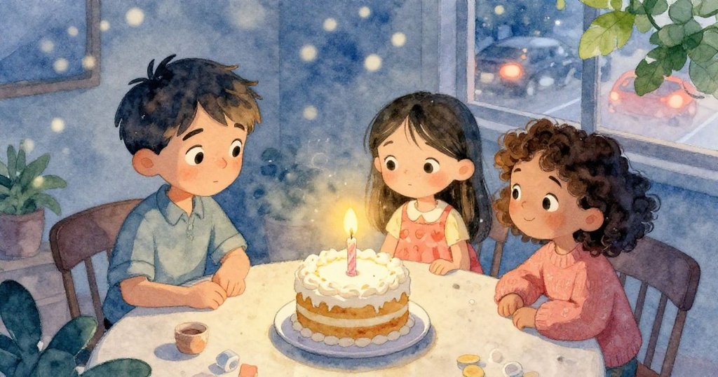 桌上僅剩一支堅定蠟燭點綴蛋糕,Mason、Lila與Kira靜靜凝望,溫暖解決中透出夜晚外車流低語。