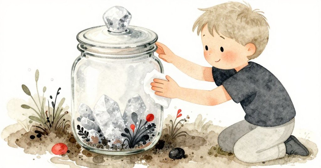 萊奧仔細處理玻璃罐,手上有水跡和鹽晶細節,特寫呈現泥灘質感,情感專注且細膩。