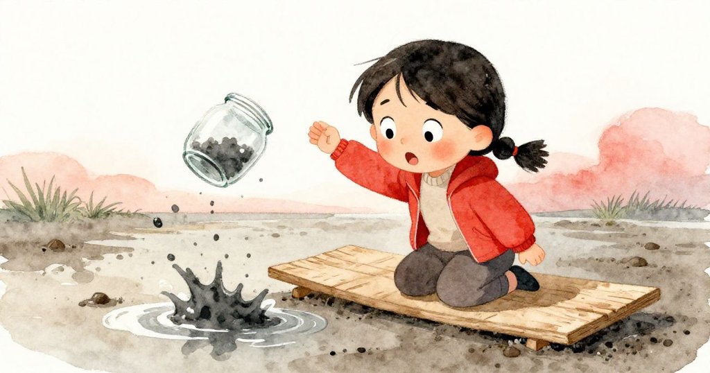 米拉在斜斜木板上驚訝失手,玻璃罐滑落濕潤泥灘,角度獨特呈現動感與緊張情緒。