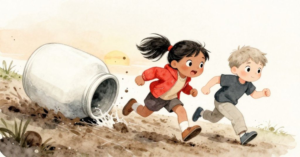 米拉與萊奧急忙追趕滾落坡道的玻璃罐,水花四濺,動態場面展現緊張與決心。