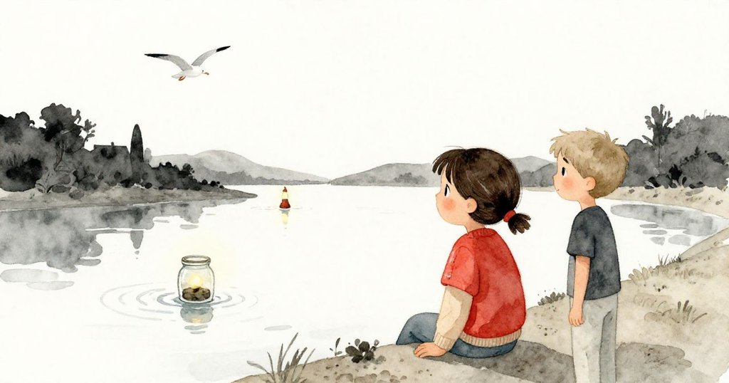 暮色中遠眺,米拉、萊奧注視著隨水而去的玻璃罐,海面燈光微閃,海鷗盤旋,情境寧靜感傷。