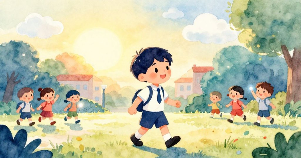 米羅在溫暖晨光中走入學校庭院,手抱閃亮書本,背後雲朵和快樂朋友迎接,充滿期待與喜悅。