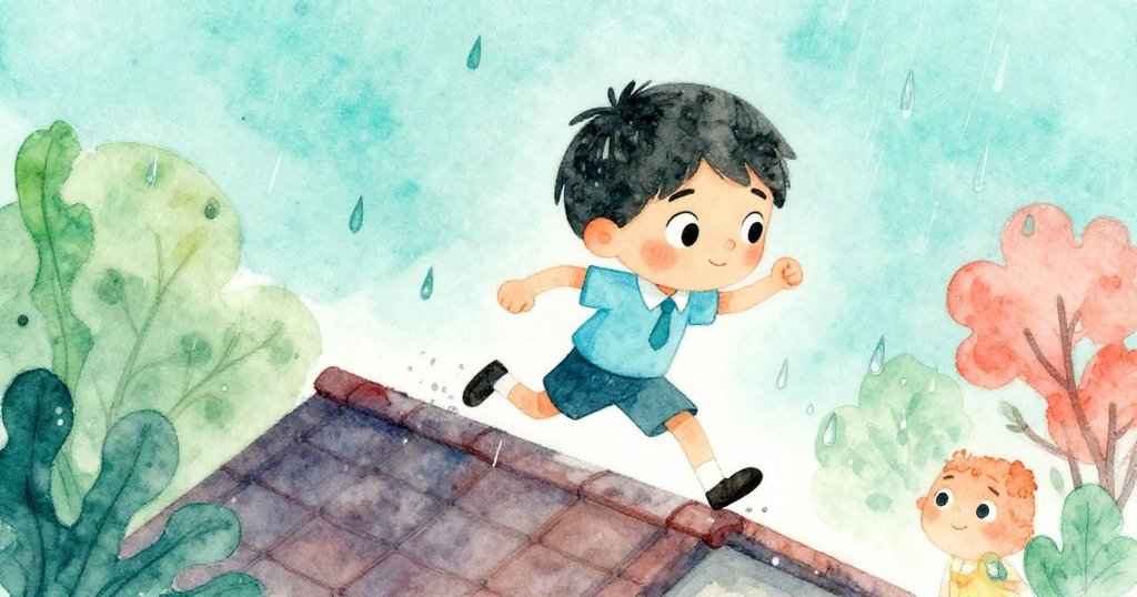 米羅急速奔向小屋避雨,俯視視角展現落雨情景,臉上顯現焦慮與堅定,書本緊握。