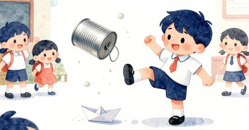 好朋友踢飛金屬罐,米羅書本意外翻開出紙船,眾人驚喜大笑,校園中充滿生動互動。