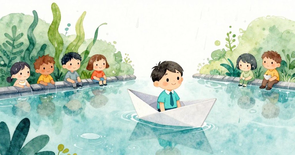 微小紙船在屋頂水坑中悠然滑行,米羅與朋友靜觀送別,溫柔雨中展現平靜告別情懷。