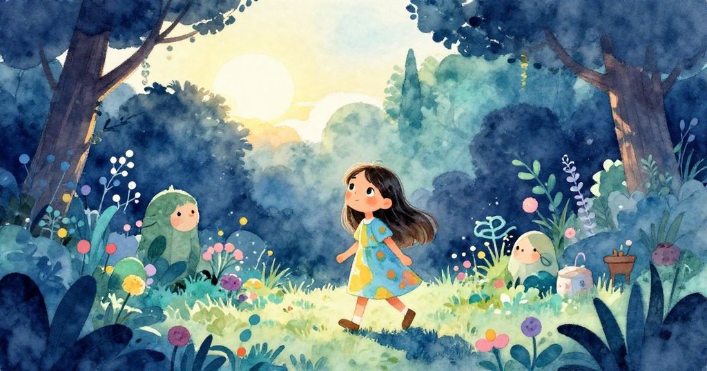 莉娜早晨離開布滿綠意的小花園，踏著晨光走向通往鎮上熱鬧市集的小徑，臉上流露著期待與平靜。