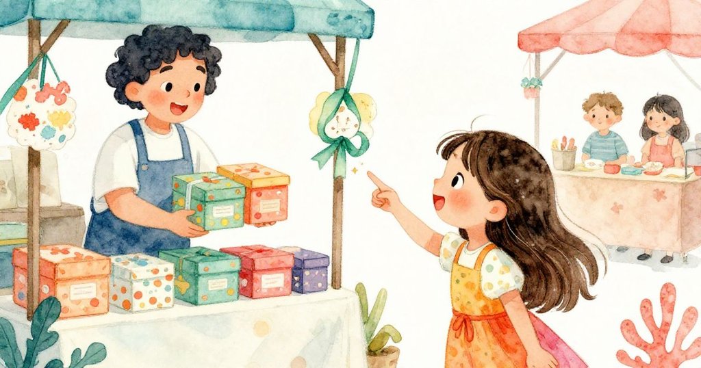 莉娜在熱鬧市集中與攤販互動，興奮地指向閃著星點的綠絲帶，臉上滿是喜悅與期待的神情。