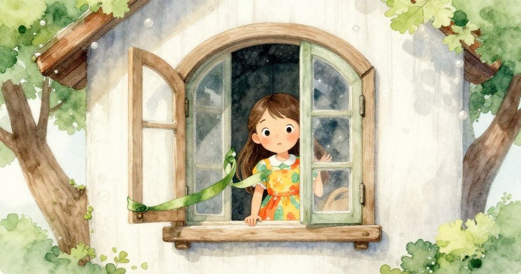莉娜在樹屋窗邊注目外景，綠絲帶輕拂木門，面帶夢幻與溫柔的微笑，內外景色和諧交融。