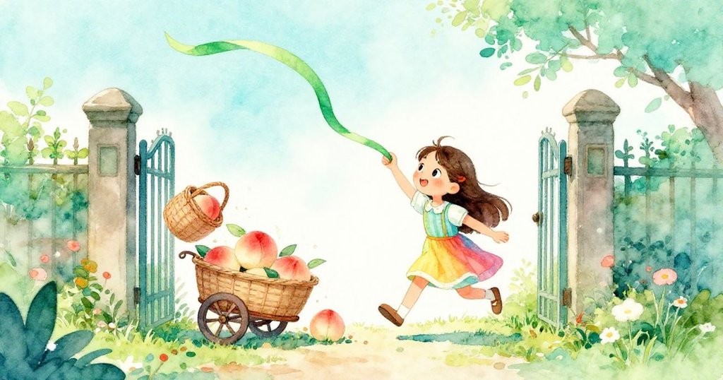 莉娜家門前風吹起綠絲帶，擊中桃籃，熟桃灑落並滾向小巷，場面動感十足且充滿意外驚喜。