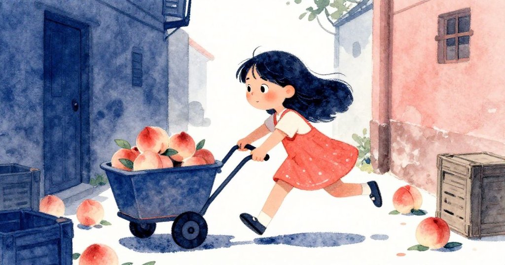 莉娜在狹巷中奮力奔跑推動滾動的車子，桃子四散滾落，她臉上堅毅專注，場面充滿動力與挑戰。