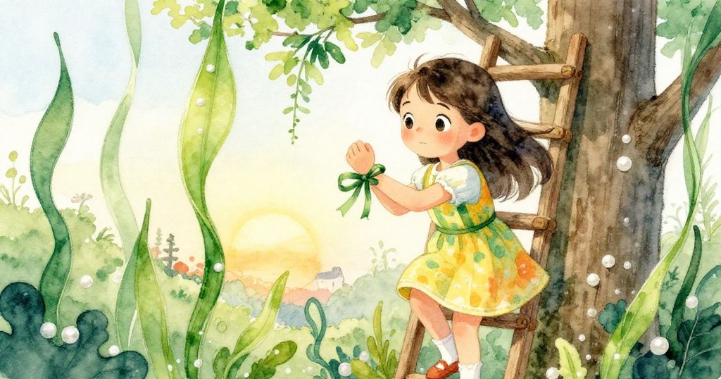 莉娜穩步返回家中，綁好綠絲帶後攀上樹屋階梯，背景是熟悉花園，臉上流露溫馨與希望。