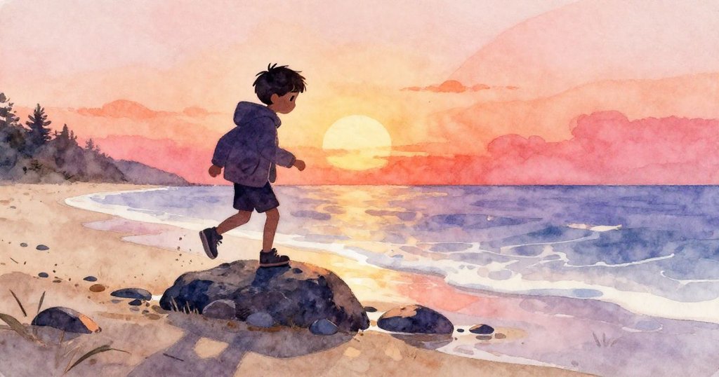 Mika從乾沙灘邁步至濕潤岩石,身影清晰映在晨光與冷霧交疊背景中,展開海邊探險的開始。