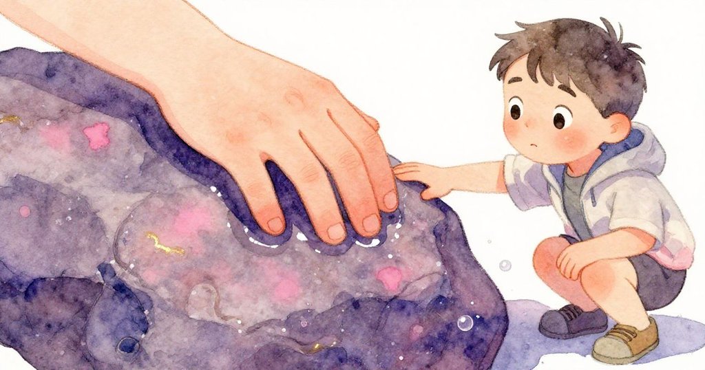 Mika伸手觸摸濕潤岩石,指尖輕感鹽粒和氣泡,細緻描繪海邊質感,準備記錄自然奧妙。