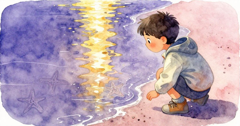 Mika低頭聚精會神描繪反射中海星輪廓,水面映出他的專注與海邊自然奇觀,充滿內心好奇。