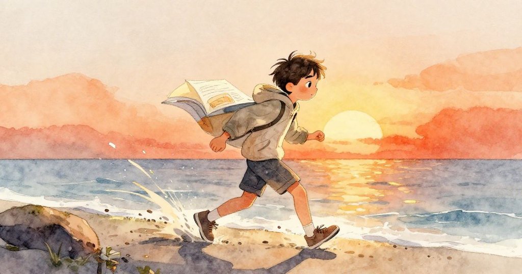 Mika踏入動態海邊景致,風翻動筆記本頁面,海浪拍打岩石,與大自然激盪互動,挑戰自然變幻。