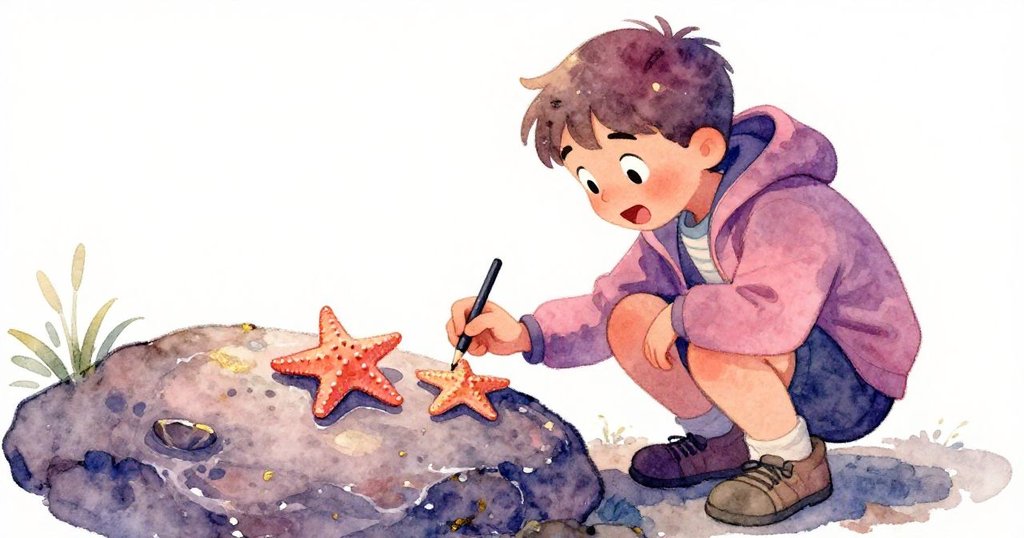 Mika蹲下近觀兩隻海星輕觸,眼神充滿驚喜與喜悅,專心描繪牠們微妙友誼的瞬間。