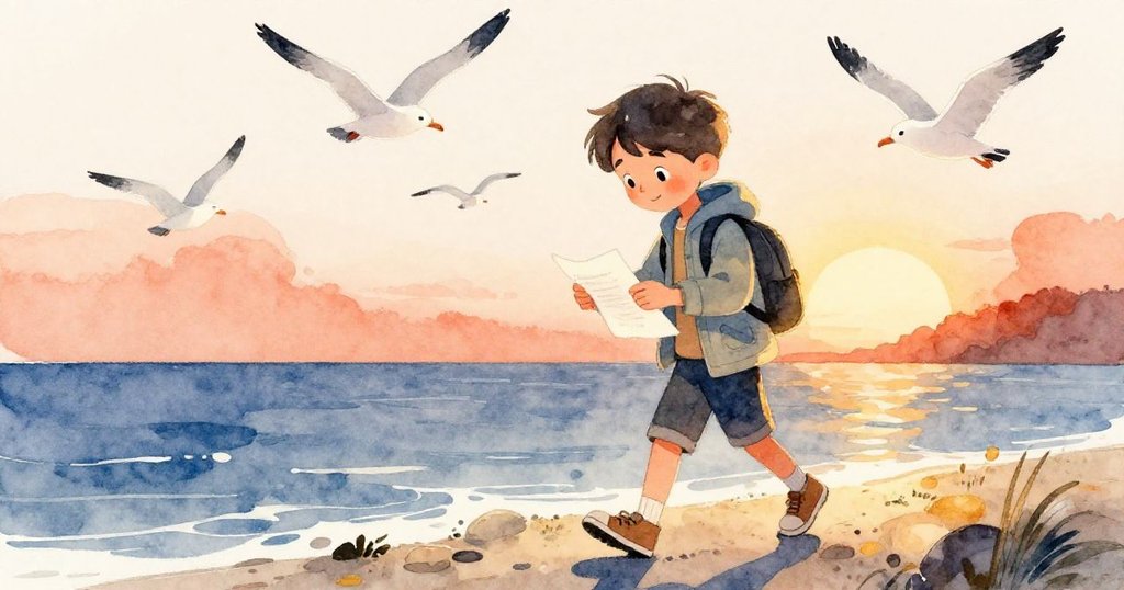 Mika笑容滿面收起筆記本,踏向乾燥陸地,海鷗飛舞,海水靜靜滴落,結束了一天充滿探險與平靜的海邊故事。