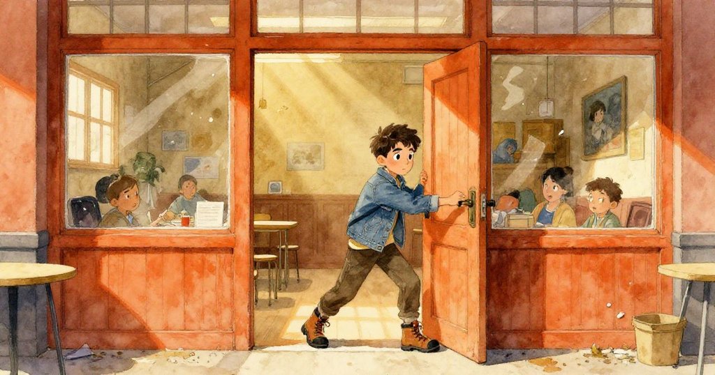 盧卡斯推門進入社區大廳，手持手電筒照亮塵埃飛揚，環境凌亂且植有褪色海報，表情堅定開始冒險。