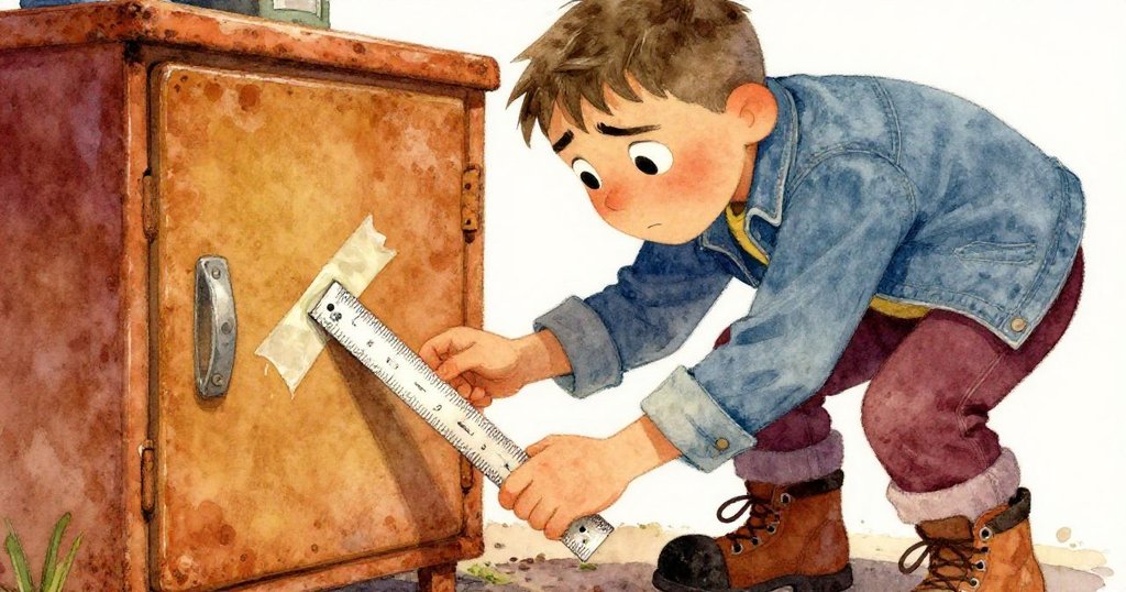 盧卡斯專注俯身操作生鏽儲物櫃，拿著破裂塑料尺小心剝開膠帶，面部表情專注中帶著一絲憂慮。