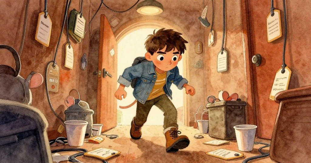 小老鼠從散落的名牌與杯子後好奇觀察盧卡斯忙碌穿越纏繞電纜的混亂大廳，畫面低角度動感十足。