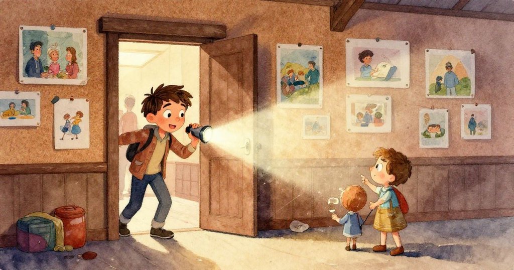 在充滿懷舊金光的回憶色調中，社區大廳由雜亂轉為往日熱鬧風貌，盧卡斯隱約出現帶著溫暖思念。