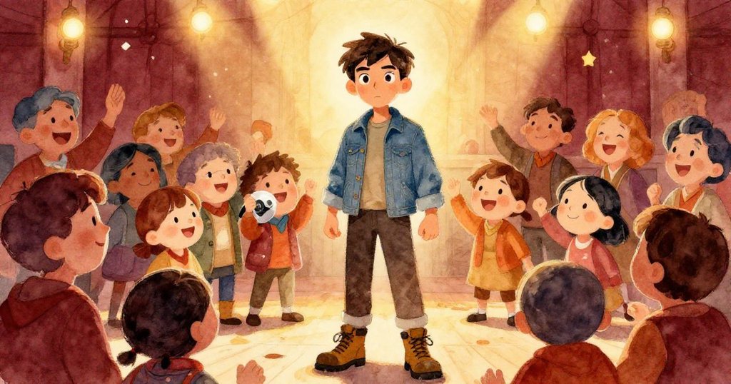 盧卡斯與社區成員在整潔大廳慶祝成功找回投影機，臉上洋溢著笑容，大家興高采烈互動慶賀團結氛圍。