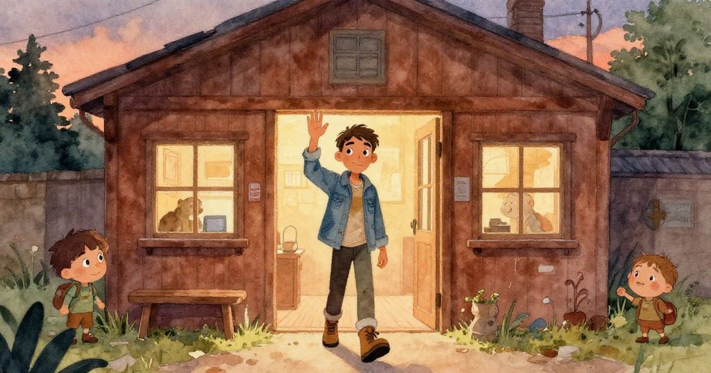 暮色中盧卡斯從社區大廳門外離去，帶著滿足微笑揮手告別，溫暖銅色與芥末光影營造平和感，故事圓滿落幕。